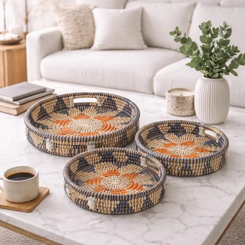 P9.8-Jute Style Rustic Kansgrass Tray Set with Handles